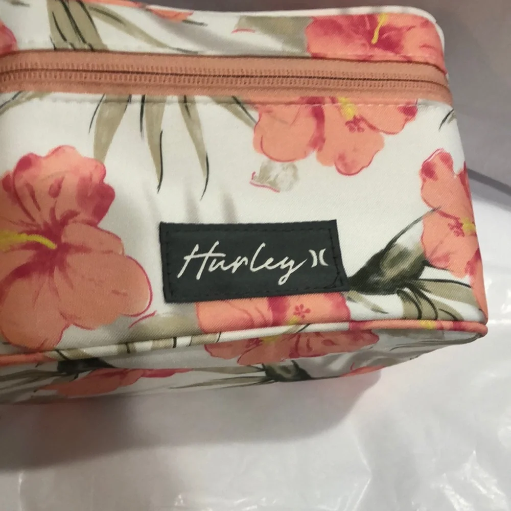 Hurley marshmallow white coral pink tropical print medium makeup beauty case new